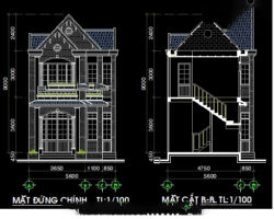 File cad kiến trúc thiết kế biệt thự 2 tầng rộng 5.6m miễn phí