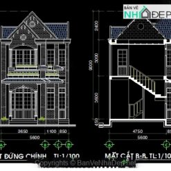 File cad kiến trúc thiết kế biệt thự 2 tầng rộng 5.6m miễn phí