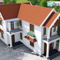 Bản vẽ thiết kế mẫu nhà biệt thự chữ L 2 tầng đẹp mái thái,kích thước 9x16m